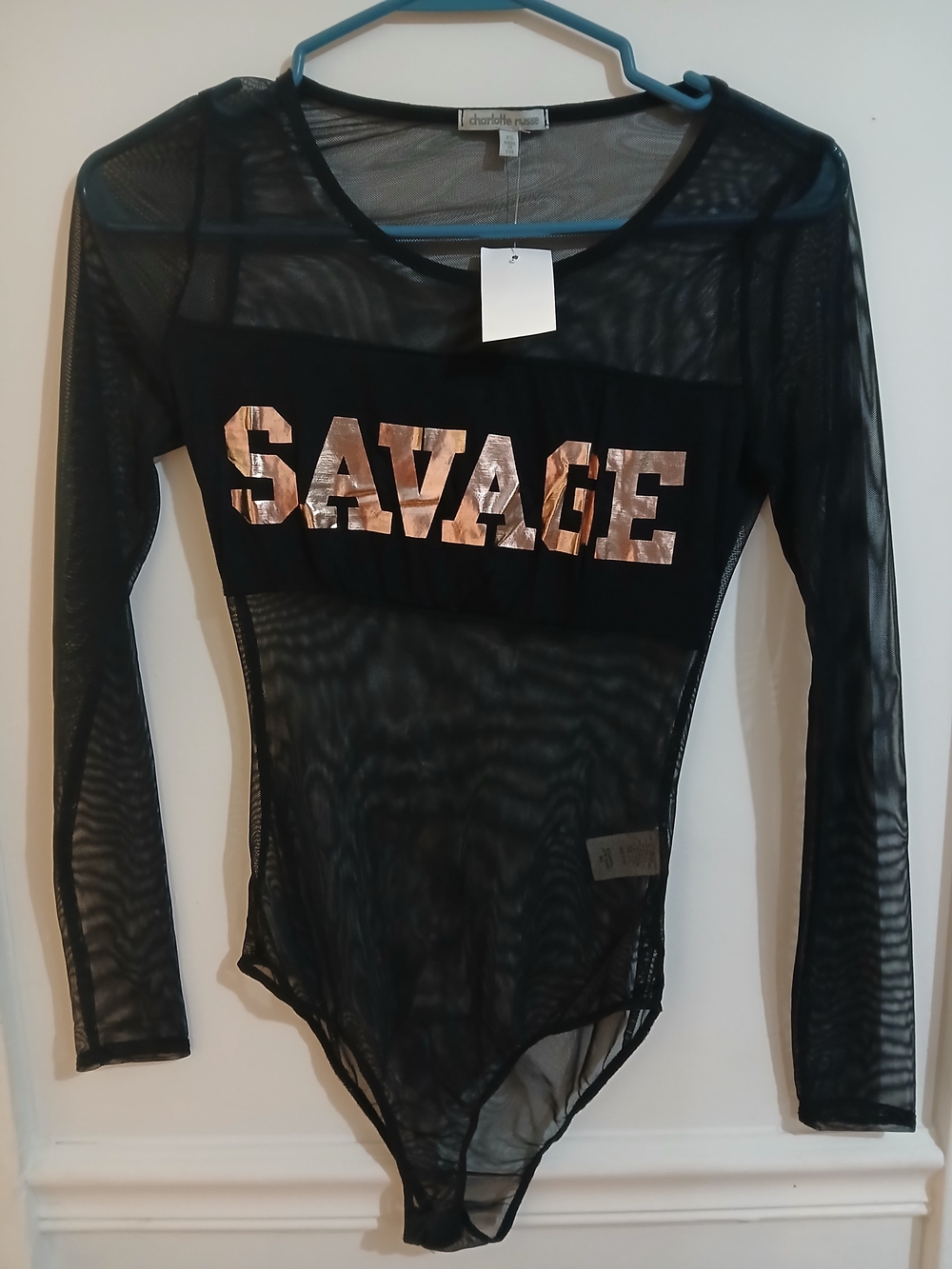 Charlotte Russe Black Mesh 'SAVAGE' Long-Sleeve Bodysuit